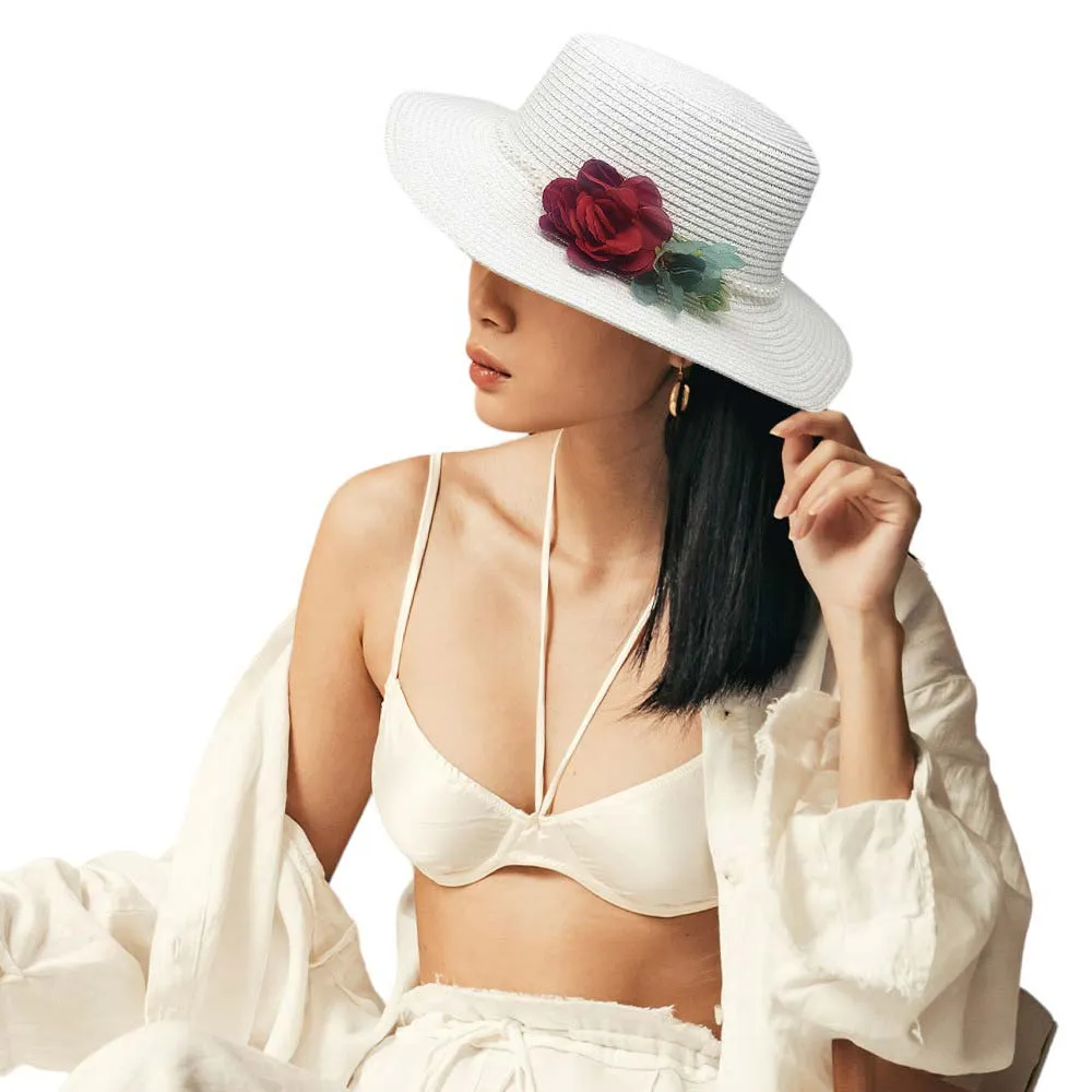 Pearl Band Rose Corsage Pointed Raffia Sun Hat