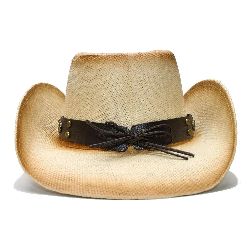 Retro Beige Straw Cowboy Hat with Dollar Sign Leather Band