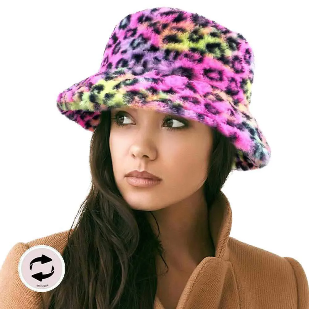 Reversible Leopard Patterned Soft Faux Fur Bucket Hat