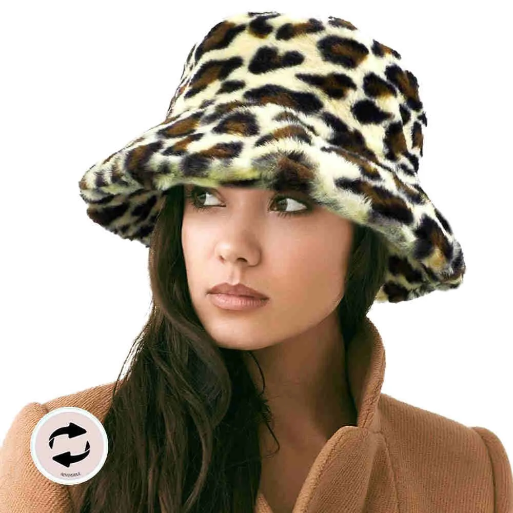 Reversible Leopard Patterned Soft Faux Fur Bucket Hat