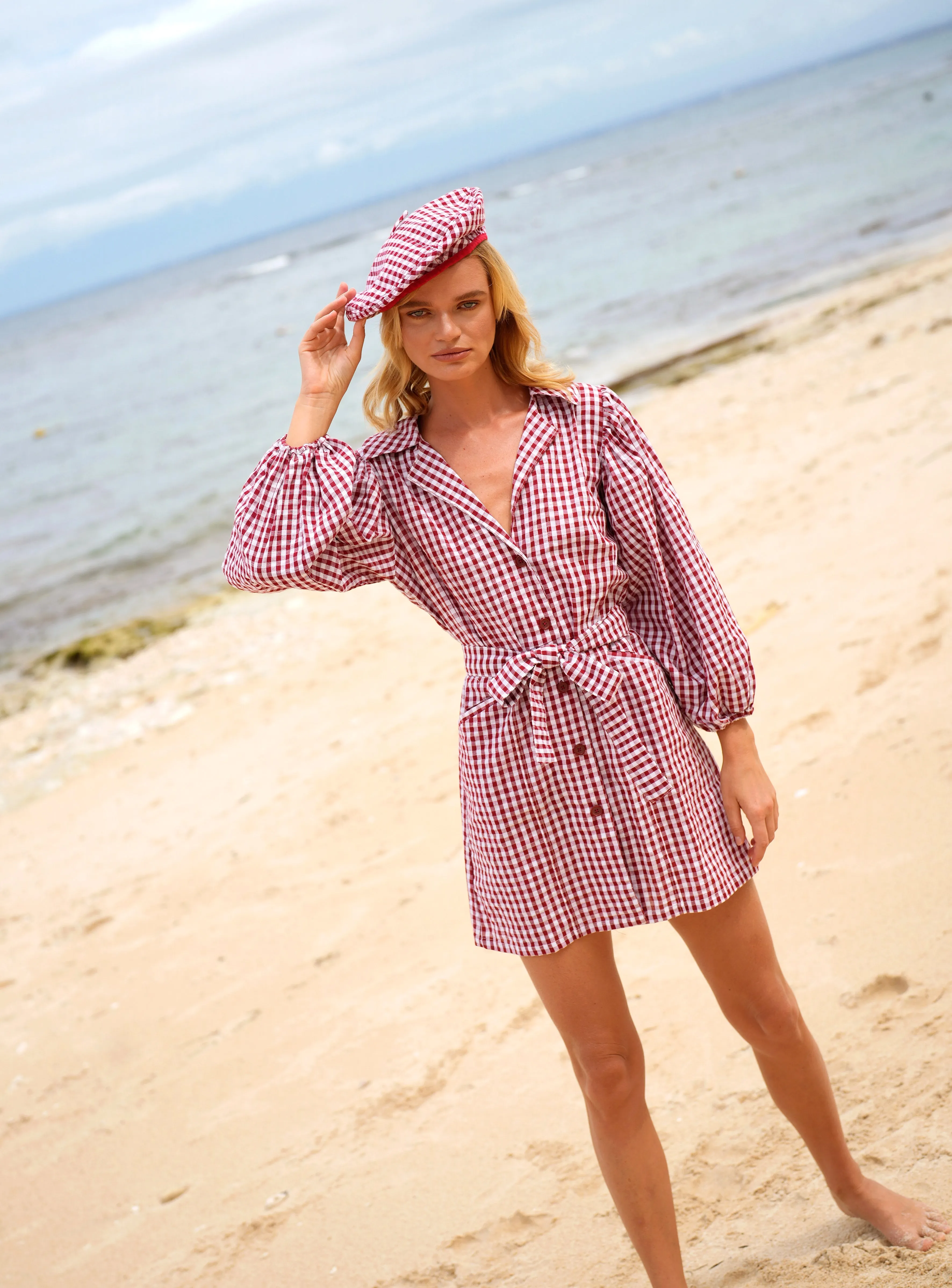 SIMONE Gingham Beret Hat, in Red