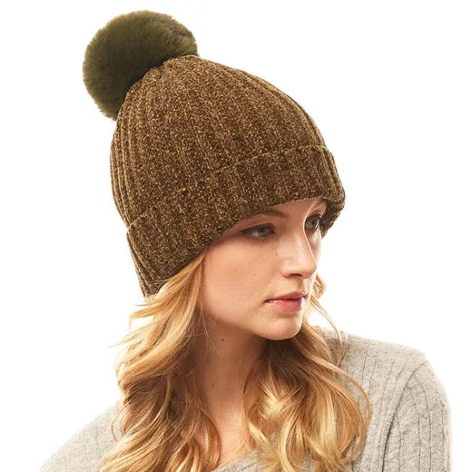 Soft Cozy Solid Chenille Pom Pom Beanie Hat