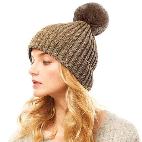 Soft Cozy Solid Chenille Pom Pom Beanie Hat