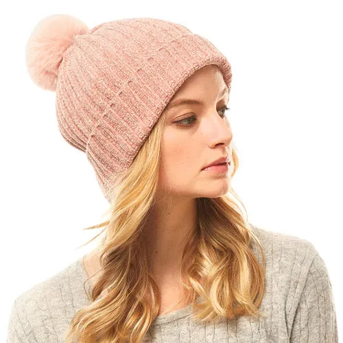 Soft Cozy Solid Chenille Pom Pom Beanie Hat