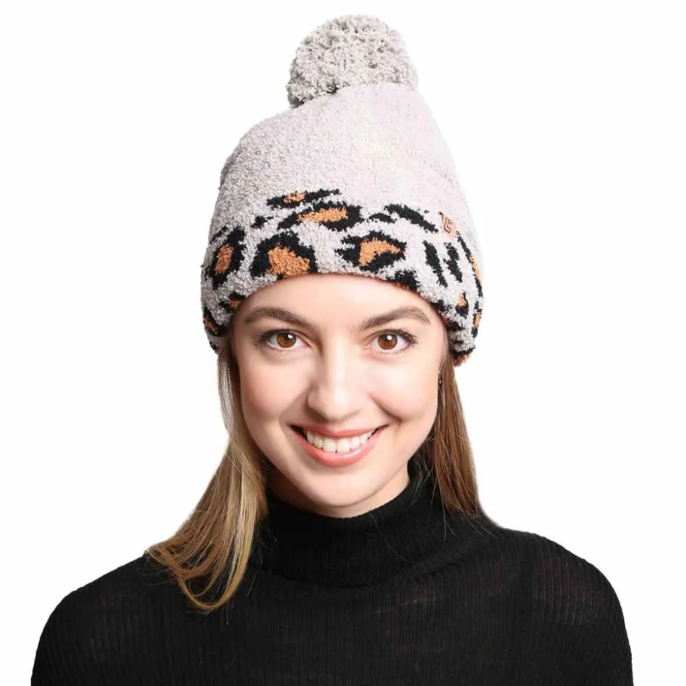 Solid Color Linked Leopard Accented Pom Pom Beanie Hats