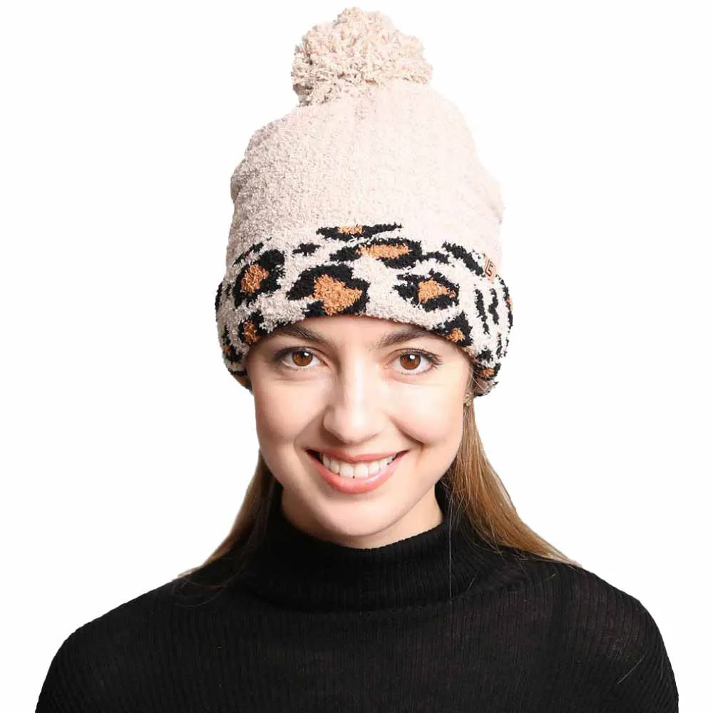 Solid Color Linked Leopard Accented Pom Pom Beanie Hats