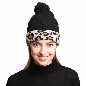 Solid Color Linked Leopard Accented Pom Pom Beanie Hats