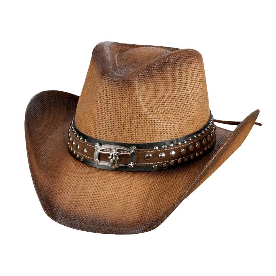 Steer Head Accented Faux Leather Band Straw Cowboy Hat