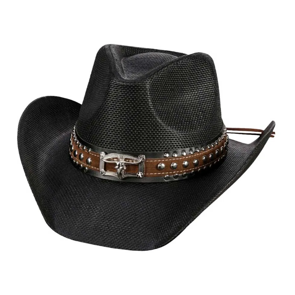 Steer Head Accented Faux Leather Band Straw Cowboy Hat