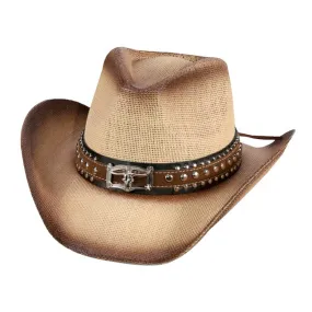 Steer Head Accented Faux Leather Band Straw Cowboy Hat