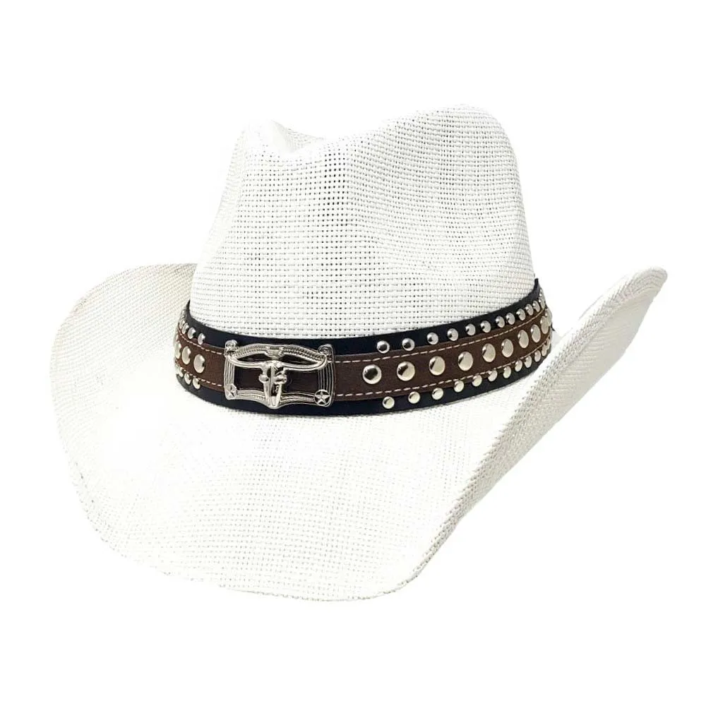 Steer Head Accented Faux Leather Band Straw Cowboy Hat