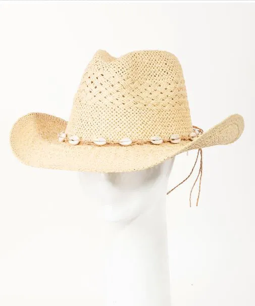 Straw Cowboy Hat with Shell Strap - Ivory