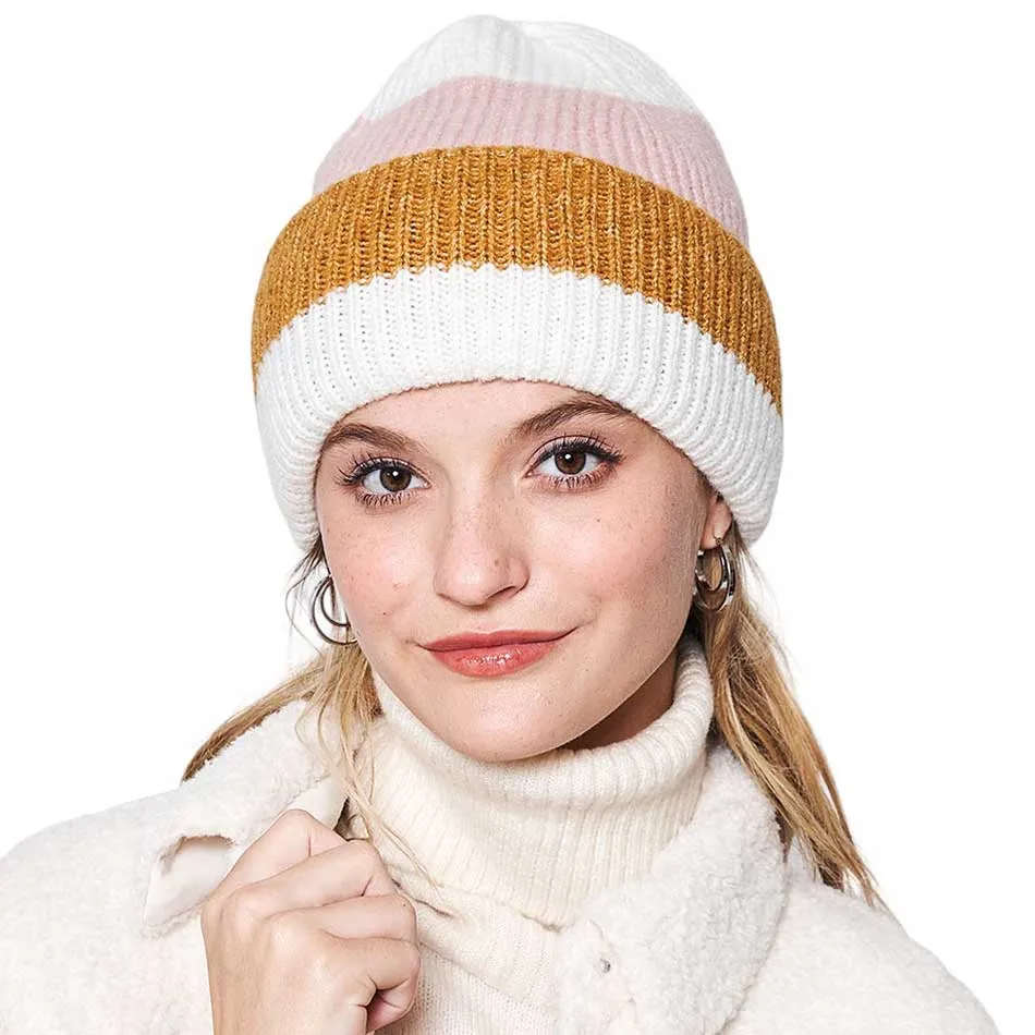 Striped Ribbed Beanie Hat