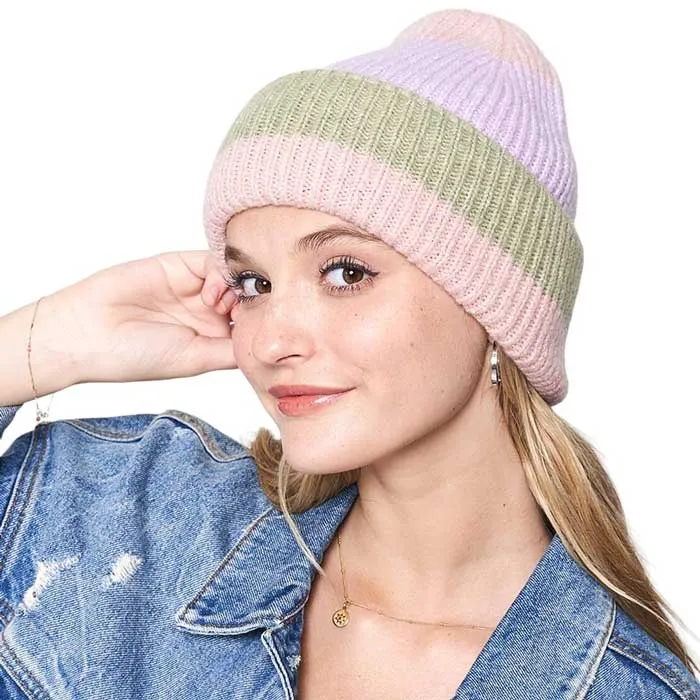 Striped Ribbed Beanie Hat