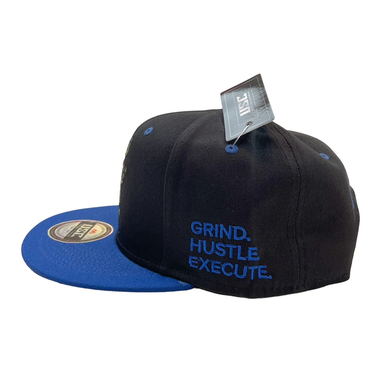 US Cotton Grind Hustle Execute Snapback Hat (Black/Blue) / 2 for $15