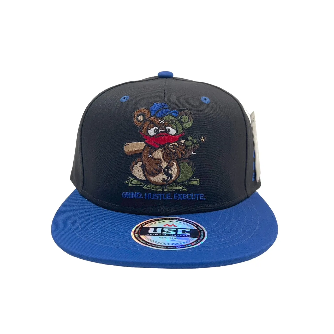 US Cotton Grind Hustle Execute Snapback Hat (Black/Blue) / 2 for $15