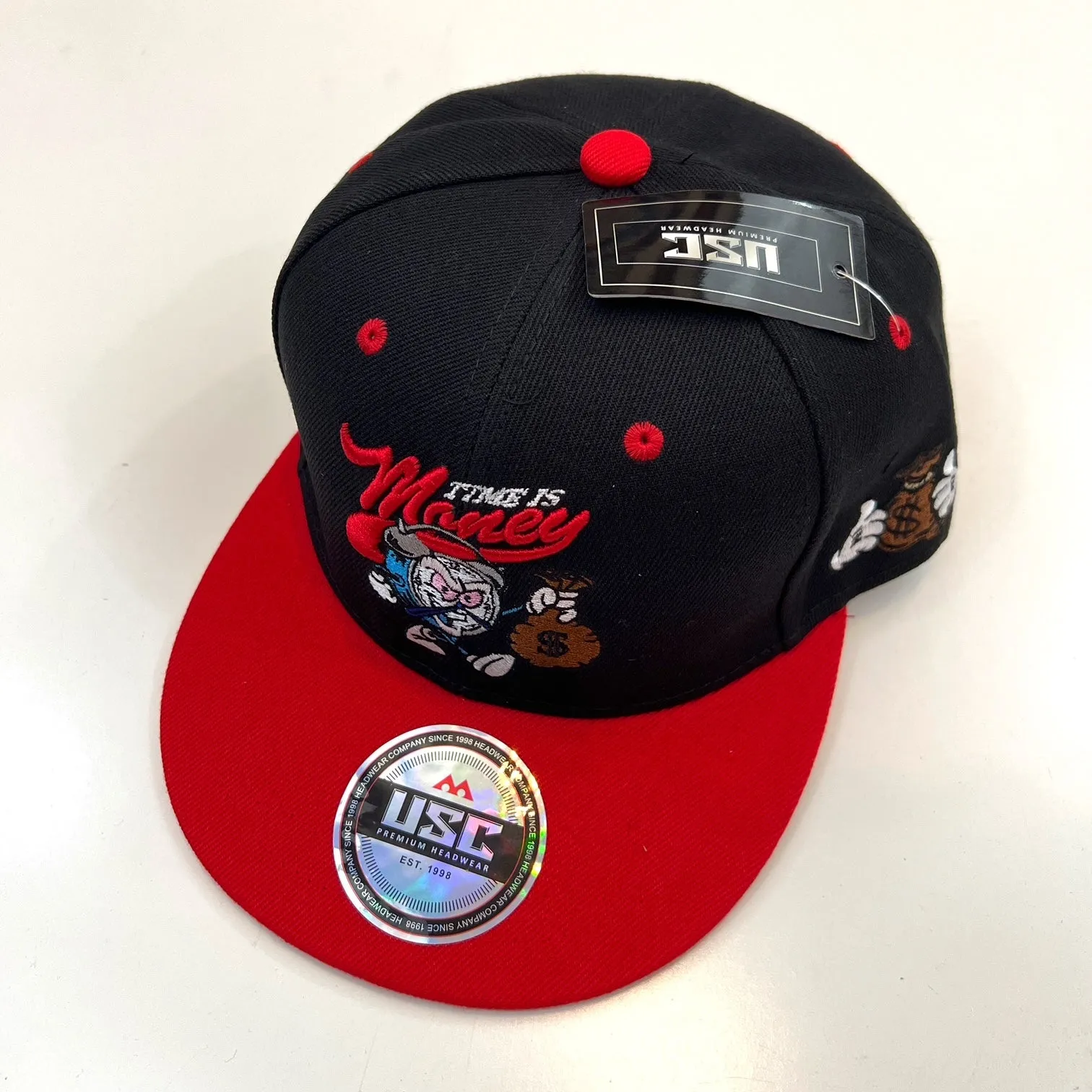 US Cotton Time is Money Snapback Hat (Black/Red) / 2 for $15