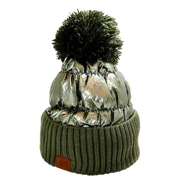 Winter Cozy Puffer Knit Pom Pom Glossy Beanie Hat