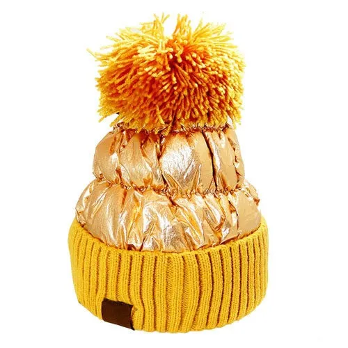 Winter Cozy Puffer Knit Pom Pom Glossy Beanie Hat