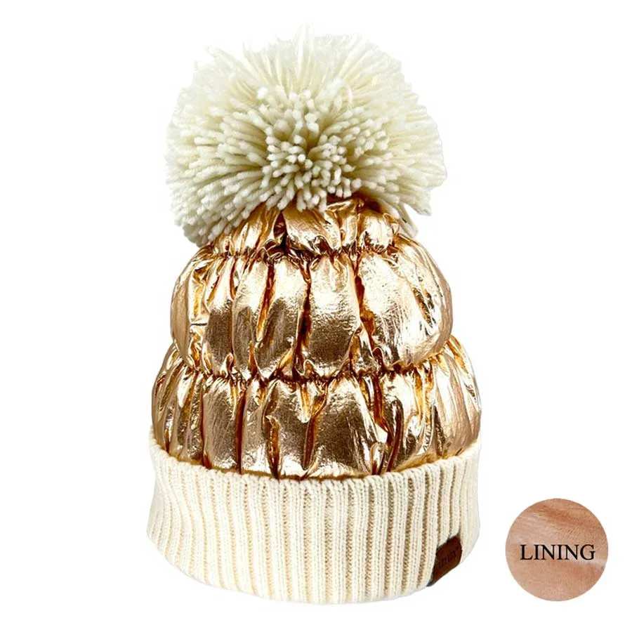 Winter Cozy Puffer Knit Pom Pom Glossy Beanie Hat