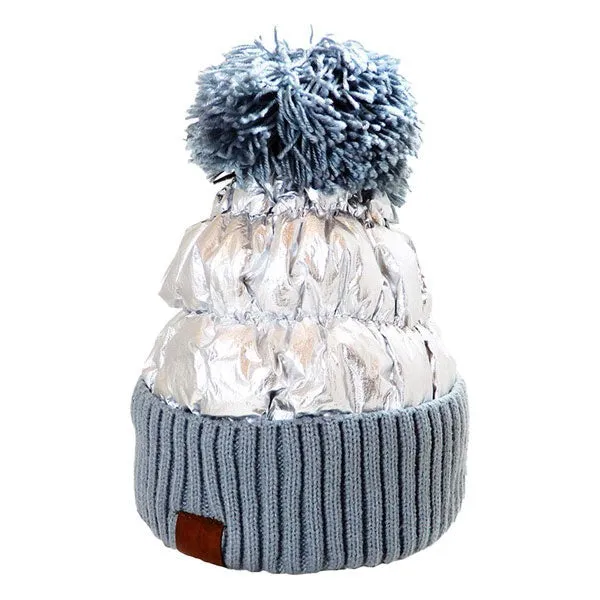 Winter Cozy Puffer Knit Pom Pom Glossy Beanie Hat