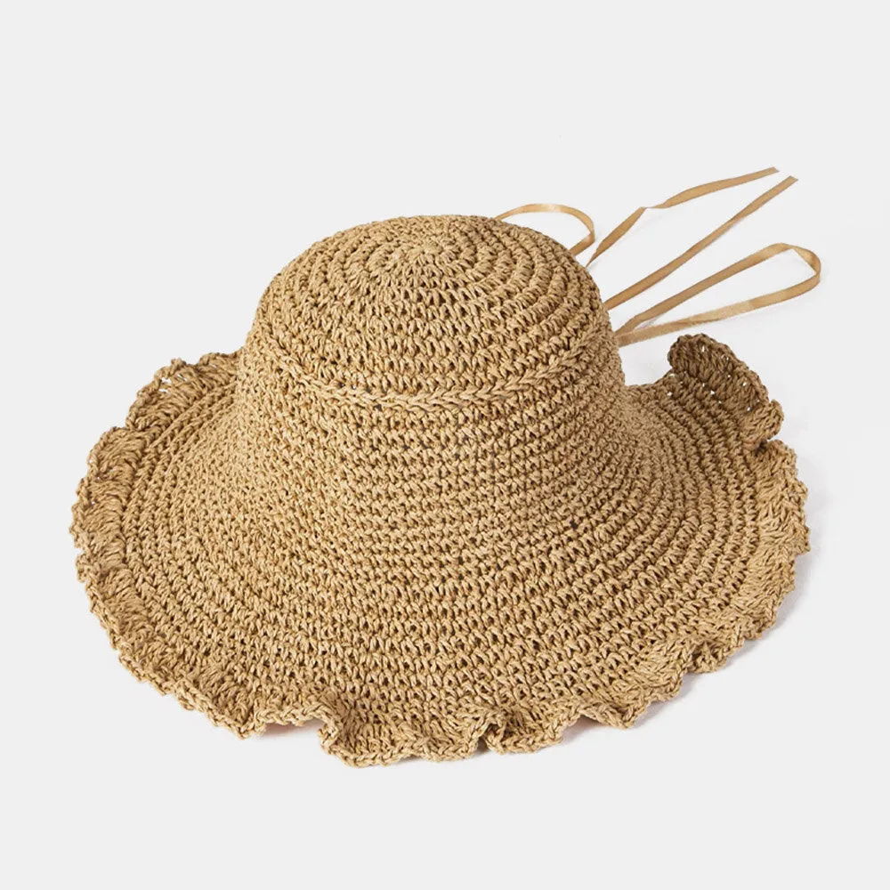 Women Fungus Edge Back Opening Bowknot Straw Hat Summer Sun Protection Bucket Hat