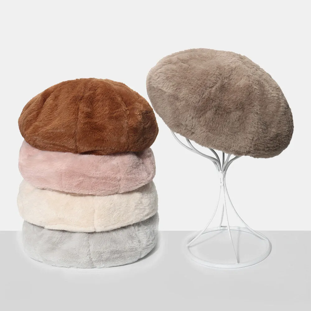 Women Newsboy Hats Faux Rabbit Fur Autumn Winter Cold Protection Painter Cap Beret