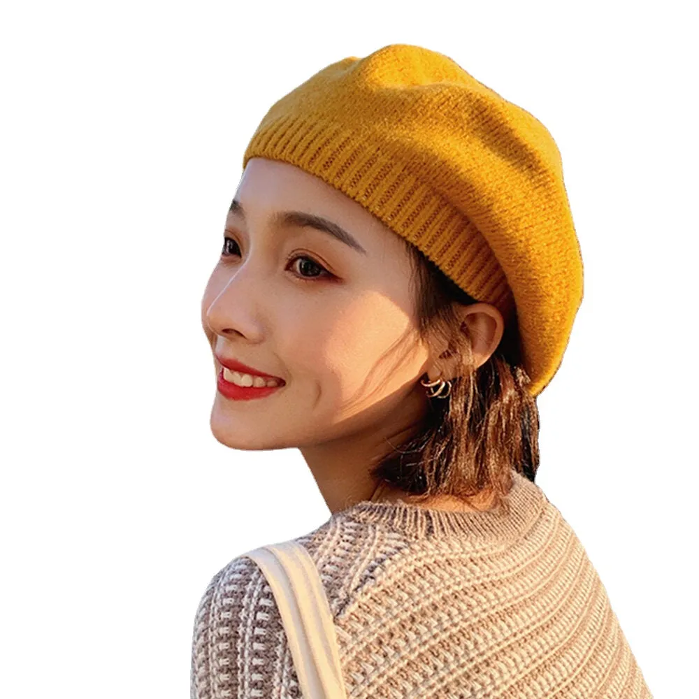 Women Woolen Solid Color Winter Warm Knitted Hat Retro Dome Elastic Sunshade Beret Cap Painter Hat